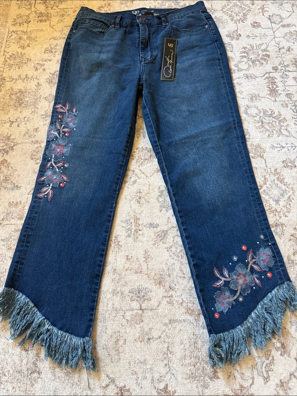 DG2 by Diane Gilman Dark Blue Embroidered Fringe Hem Cropped Jeans